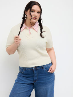 Cider - Cable Knit Collar Stripe Two Tone Top Curve & Plus