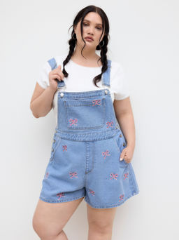 Cider - Denim Bowknot Embroidery Romper Curve & Plus