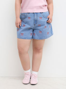 Cider - Denim Mid Rise Bowknot Embroidery Shorts Curve & Plus