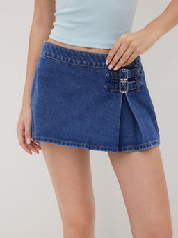 Cider - Denim Low Rise Belted Micro Mini Skirt