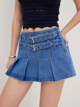 Cider - Denim Low Rise Pleated Micro Mini Skirt With Belt