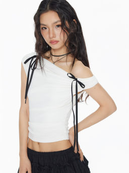 Cider - Asymmetrical Neck Knotted Ruched Top
