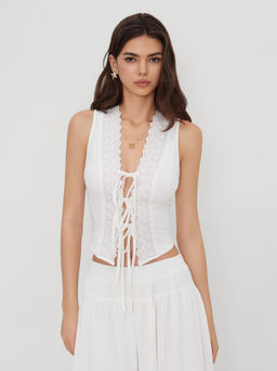Cider - V-neck Tie Front Bow Broderie Anglaise Tank Top