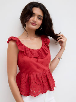 Cider - Cotton-blend Broderie Anglaise Knotted Backless Ruffle Hem Top