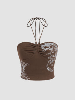 Cider - Halter Neckline Graphic Beaded Knotted Crop Top