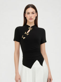 Cider - Mandarin Collar Ruched Split Top