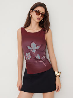 Cider - Mesh Boat Neck Floral Graphic Ruched Split Tank Top