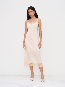 Cider - Satin V-neck Lace Trim Dress
