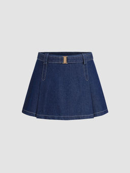 Cider - Denim Low Rise Ruffle Mini Skirt With Belt