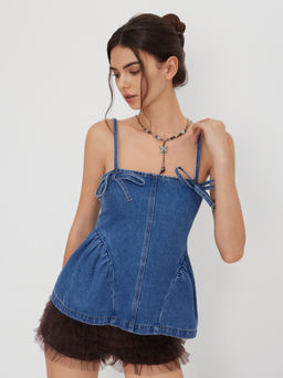 Cider - Denim Knotted Ruffle Hem Shirred Oversized Cami Top