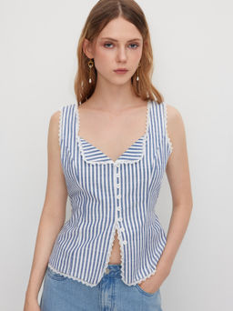 Cider - Cotton-blend Sweetheart Stripe Lace Trim Knotted Tank Top