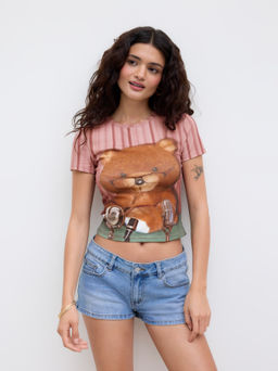 Cider - Cotton-blend Bear Graphic Stripe Short Sleeve Tee