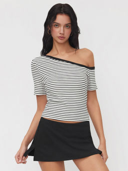 Cider - Asymmetrical Neck Stripe Contrasting Binding Short Sleeve Top