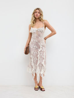 Cider - Lace V-neck Floral Ruffle Hem Midi Dress