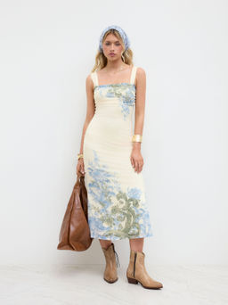 Cider - Mesh Square Neck Flower Graphic Ruched Midi Dress