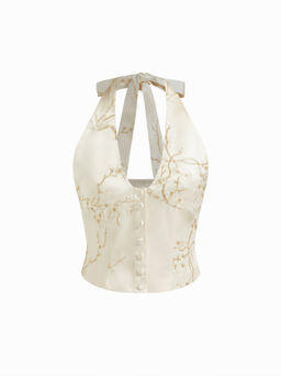 Cider - Halter V-Neck Knotted Floral Embroidery Top