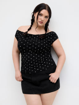 Cider - Cotton-blend Off-shoulder Polka Dot Ruched Top Curve & Plus