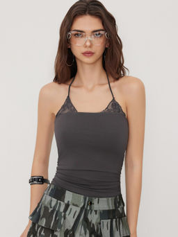 Cider - Halter Neckline Lace Trim Ruched Bodysuit