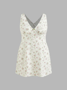 Cider - V-neck Floral Knotted Mini Dress Curve & Plus