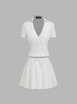 Cider - Cotton-blend V-Neck Top With Knotted Mini Skirt