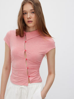 Cider - Asymmetrical Neck Gingham Ruched Top