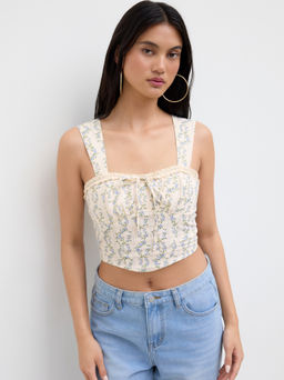 Cider - 100% Cotton Floral Knotted Shirred Tank Top