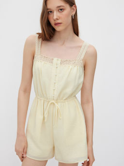 Cider - Square Neck Lace Trim Knotted Romper