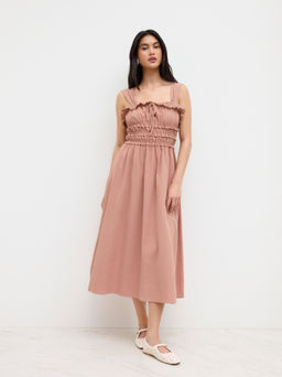 Cider - 100% Cotton Square Neck Shirred Lettuce Trim Bowknot Midi Dress