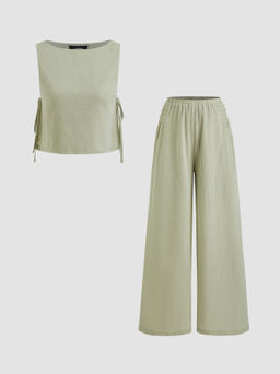 Cider - Cotton-blend Boat Neck Knotted Top With Shirred Straight Leg Trousers