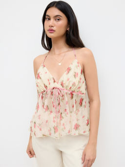 Cider - Halter V-neck Floral Lettuce Trim Cami Top