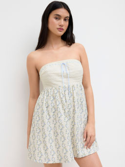 Cider - Cotton Patched Floral Knotted Shirred Ruffle Bandeau Mini Dress
