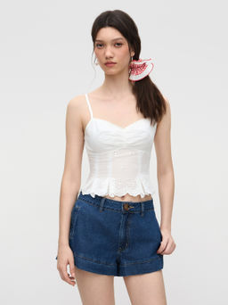 Cider - Cotton Sweetheart Neckline Broderie Anglaise Lettuce Trim Cami Top