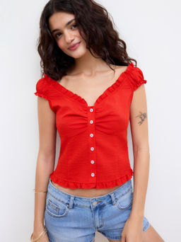 Cider - Sweetheart Lettuce Trim Shirred Blouse