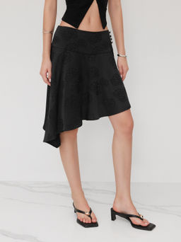 Cider - Satin Low Rise Floral Asymmetrical Hem Midi Skirt