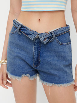 Cider - Stretch Denim Low Rise Raw Hem Fold Over Shorts