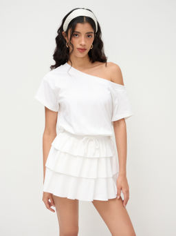 Cider - Cotton-blend Asymmetrical Neck Drawstring Ruffle Layered Mini Dress