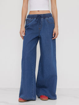 Cider - Denim Mid Rise Drawstring Wide Leg Jeans