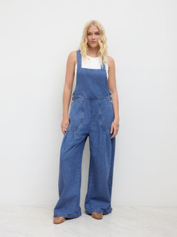 Cider - Denim Pleated Belted Shoulder Straps Jumpsuit
