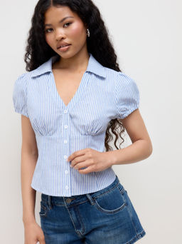 Cider - Cotton-blend V-neck Stripe Tie Back Shirt