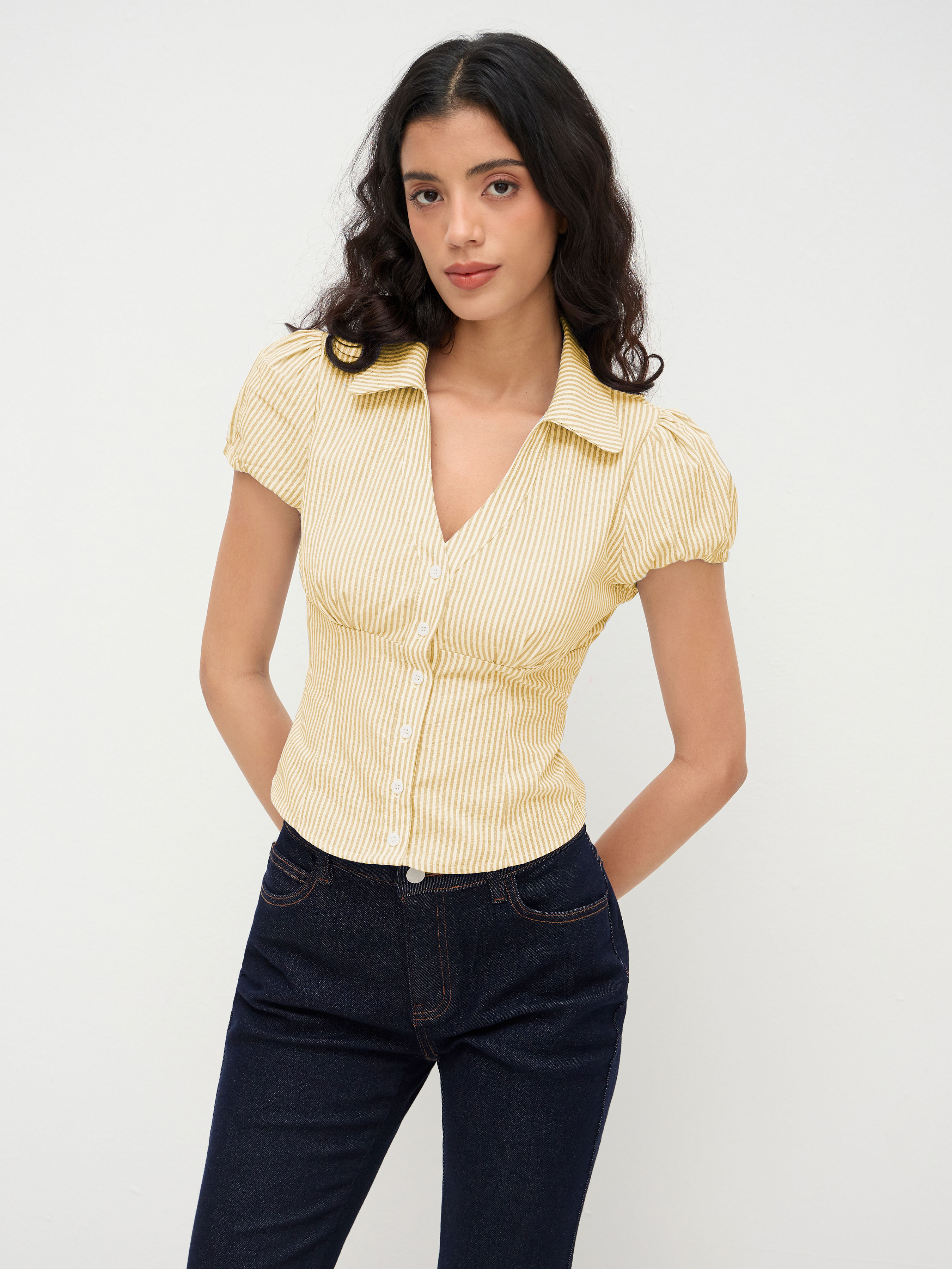 cider Cotton-blend V-neck Stripe Tie Back Shirt-picture-13