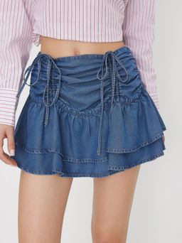 Cider - Denim Mid Rise Drawstring Layered Mini Skirt