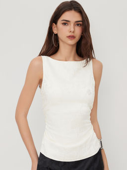 Cider - Boat Neck Floral Tie Back Bowknot Ruched Tank Top