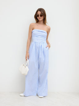 Cider - Cotton-blend Stripe Ruched Shirred Fold Over Bandeau Jumpsuit