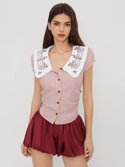 Cider - Embroidery Peter Pan Collar Stripe Ruched Shirt