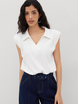 Cider - V-neck Ruched Oversized Shirt Bodysuit