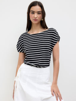 Cider - Cotton-blend Asymmetrical Neck Stripes Bodysuit