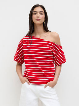 Cider - 100% Cotton Asymmetrical Neck Stripe Oversized Tee