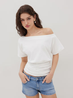 Cider - Cotton-blend Asymmetrical Neck Ruched Tee