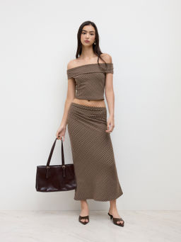 Cider - Cotton-blend Off-shoulder Stripes Top & Mid Rise Ruched Maxi Skirt
