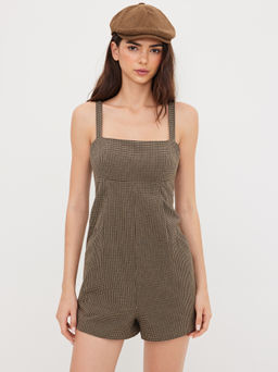 Cider - Cotton Square Neck Check Shirred Romper